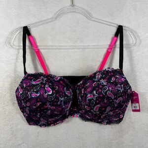Candies Intimates 38D Balconette Bra Black Pink Purple Paisley Lace 2CA940 NEW